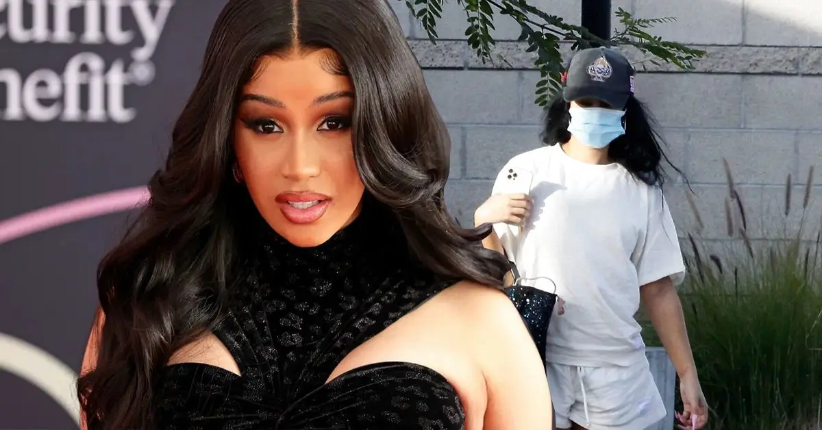 Cardi B con un vestido negro ajustado (izquierda), Cardi B afuera con ropa blanca informal y una máscara (derecha)