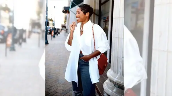 Woman in oversized shirt