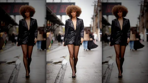 Woman wearing glittery blazer