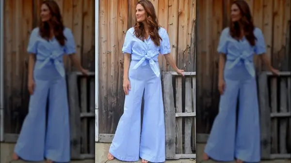 Woman in blue outfit