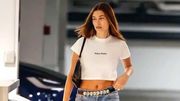 Hailey Bieber wears nepo baby shirt