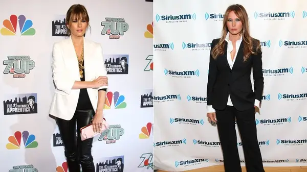 Side by side photos Melania Trump on the red carpet in 2011, wearing suit jackets