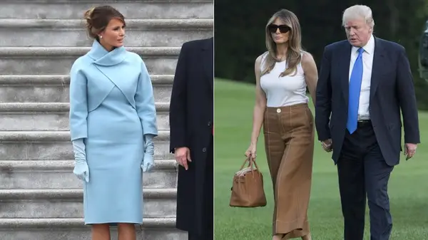 Side by side photos Melania Trump in 2017, wearing a blue overcoat and white tank top with loose brown pants