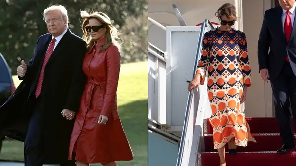 Side by side photos of Melania and Donald Trump in 2020, with Melani wearing a red leather overcoat and a bright patterned dress