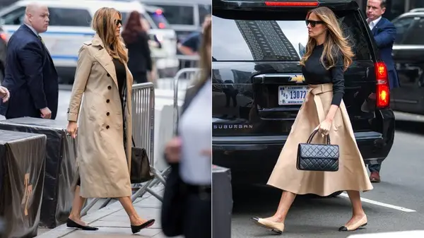 Side by side photos of Melania Trump in New York in 2023, wearing a brown trench coat and black shirt with tan skirt, in flats