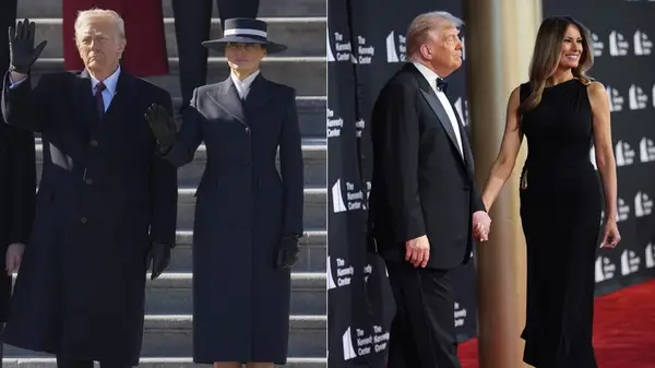 Side by side photos of Donald Trump and Melania Trump together in 2025, with Melania wearing a black overcoat and hat, and a black evening gown