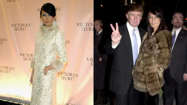Photo of Melania Trump on the red carpet in 2003 wearing a white fur coat, next to a photo of her with Donald Trump wearing a brown fur coat