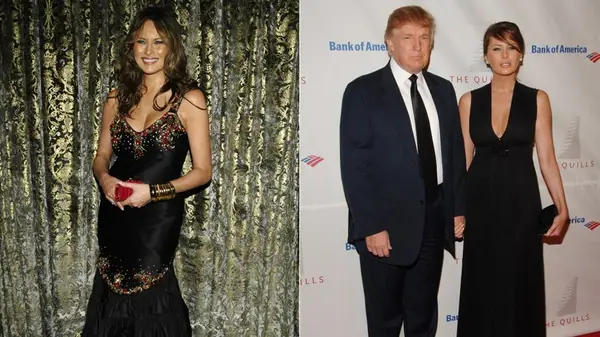 Melania Trump on the red carpet by herself, wearing a beaded black mermaid gown, next to a photo of her with Donald Trump in 2006, wearing a black dress
