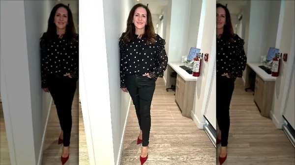 Woman in polka dot top 