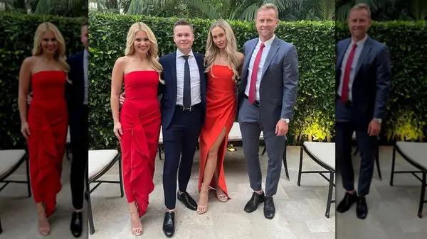 Candace Cameron Bure with her family wearing a red dress