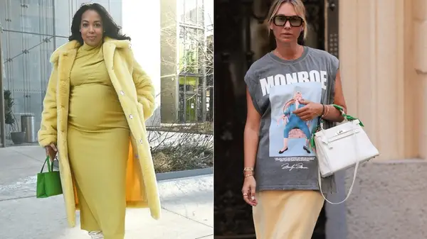 Karin Teigl rocks butter yellow skirt with graphic tee, woman wears butter yellow dress and coat with green Kate Spade bag