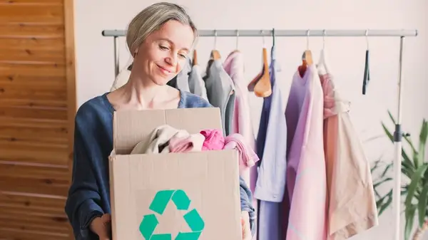 A woman holding a box with a recycling symbol on