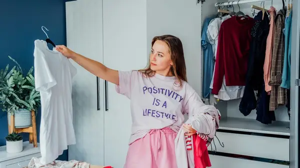 A woman sorting through her clothes
