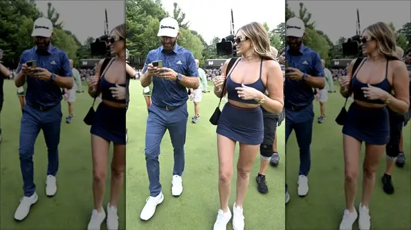Paulina Gretzky in a crop top and mini skirt on the golf course