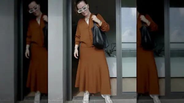 Woman in matching skirt and shirt