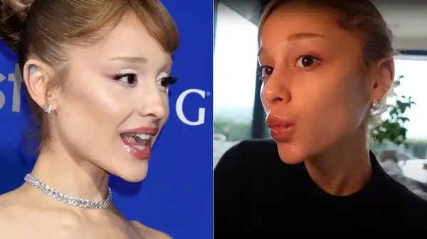 Ariana Grande on a red carpet with full makeup and Grande without false eyelashes