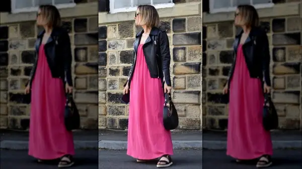 woman in long dress and flatforms