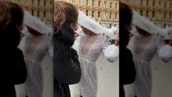 Woman in a short wedding dress