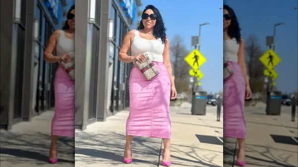 Pink denim midi skirt