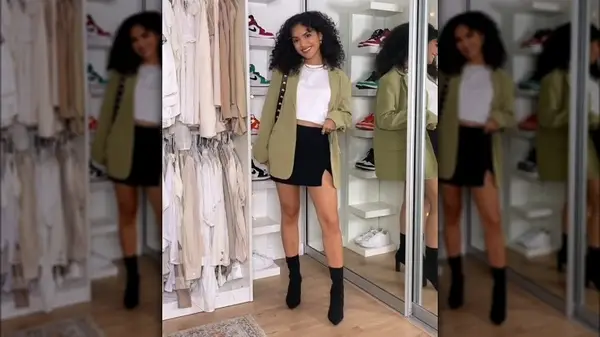 Woman wearing white T-shirt and mini skirt outfit