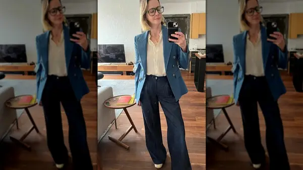 Wearing pleated jeans