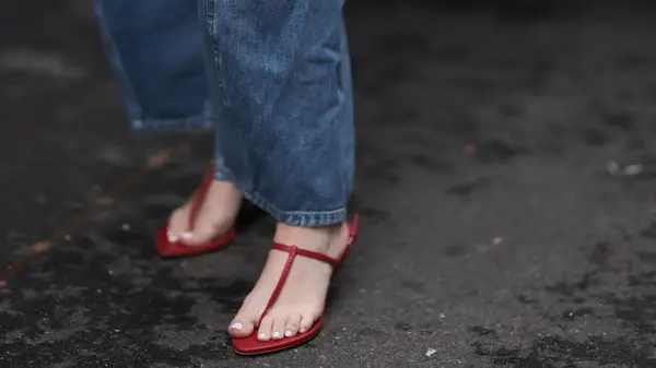 up close t-strap sandals in red