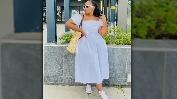 White dress and white sneakers