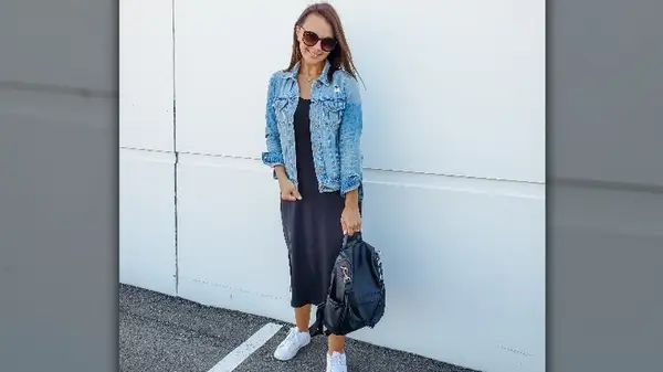Blue dress with white sneakers
