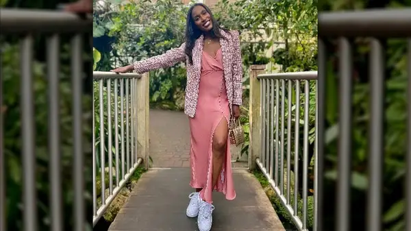 Pink maxi dress and sneakers