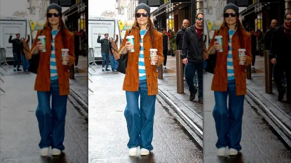 Katie Holmes in a blue striped shirt