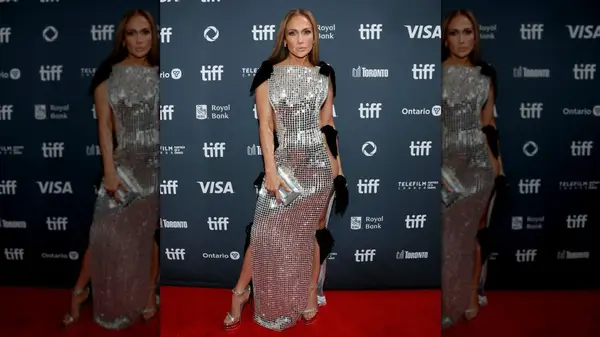 Jennifer Lopez in a silver disco ball dress at Unstoppable premiere