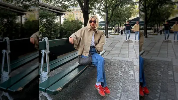 Woman wearing red sneakers