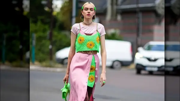 Woman in a crochet skirt and top 