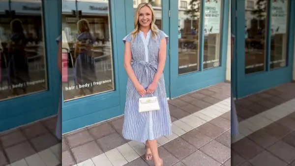 Woman in pinstripe dress