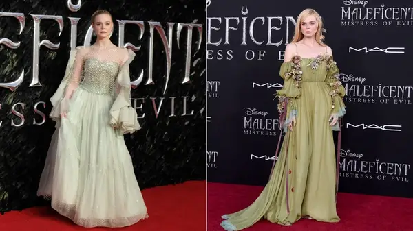 Split image of Elle Fanning wearing whimsical gowns for 