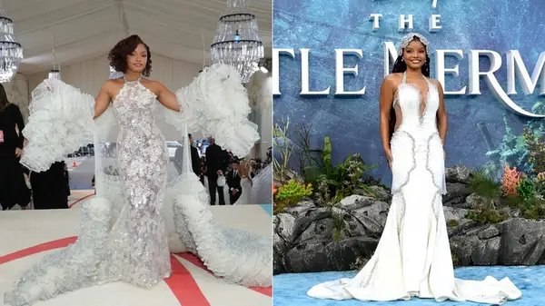 Split image of Halle Bailey wearing ocean-inspired gowns ahead of 