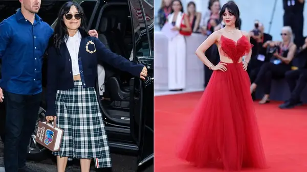 Split image of Jenna Ortega wearing outfits inspired by 