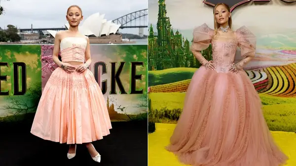 Split image of Ariana Grande wearing pink outfits for the release of 