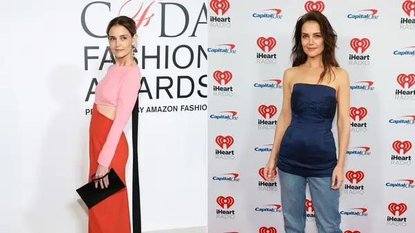 A picture of Katie Holmes wearing a pink and red dress next to a picture of Katie Holmes wearing a blue minidress over jeans