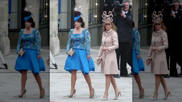 Princess Eugenie wearing a blue dress walking next to Princess Beatrice in a pale pink dress