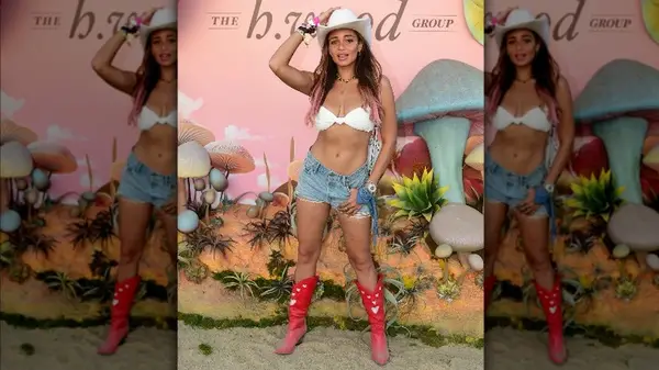 denim shorts white bikini top