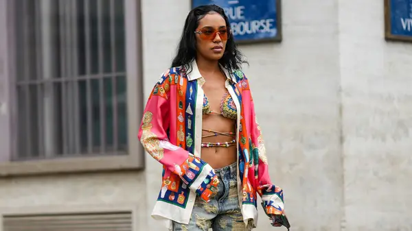 maximalist blouse, crochet bikini, denim