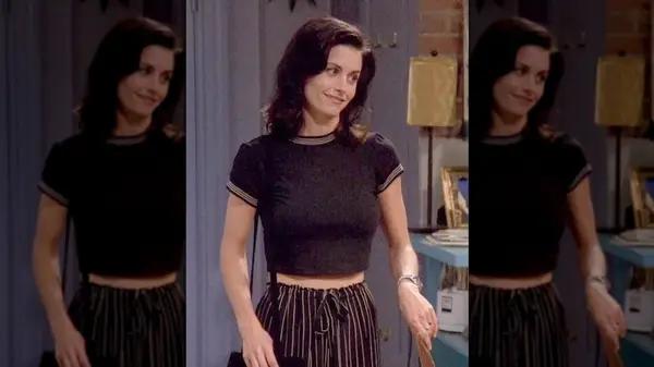 Monica Geller in a baby tee with drawstring pants