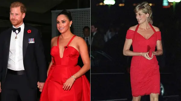 Meghan Markle in red and Prince Harry in a tuxedo and Princess Diana in red at events