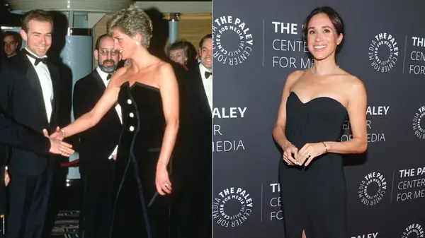 Princess Diana and Meghan Markle at events in strapless black dresses