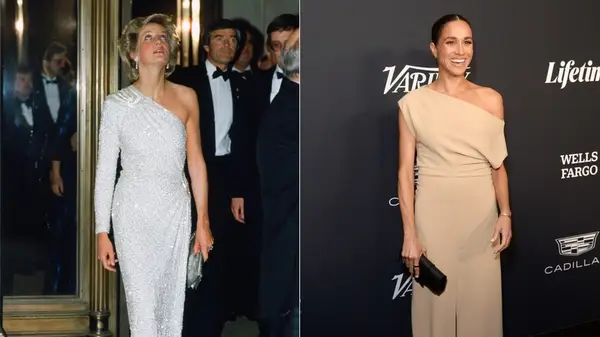 Princess Diana in a one shoulder silver dress and Meghan Markle in a cream one shoulder dress
