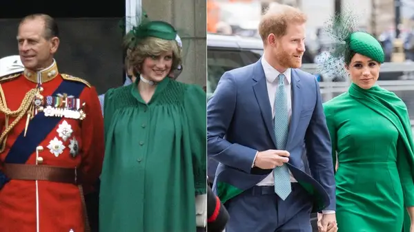 Princess Diana in green and Meghan Markle in green at different events