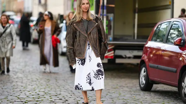 floral print dress with leather jacket