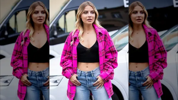 Woman in a pink shacket 