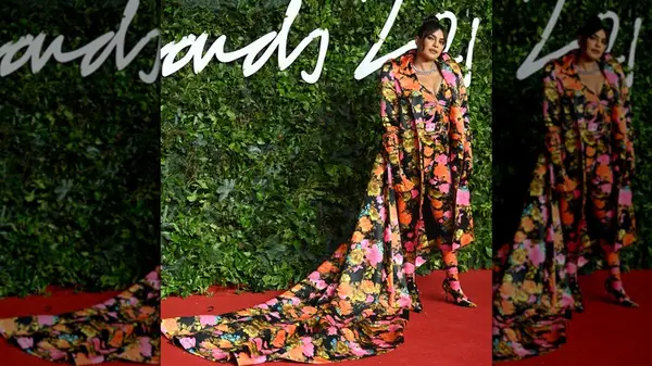Priyanka Chopra wearing a full floral outfit at the 2021 Fashion Awards